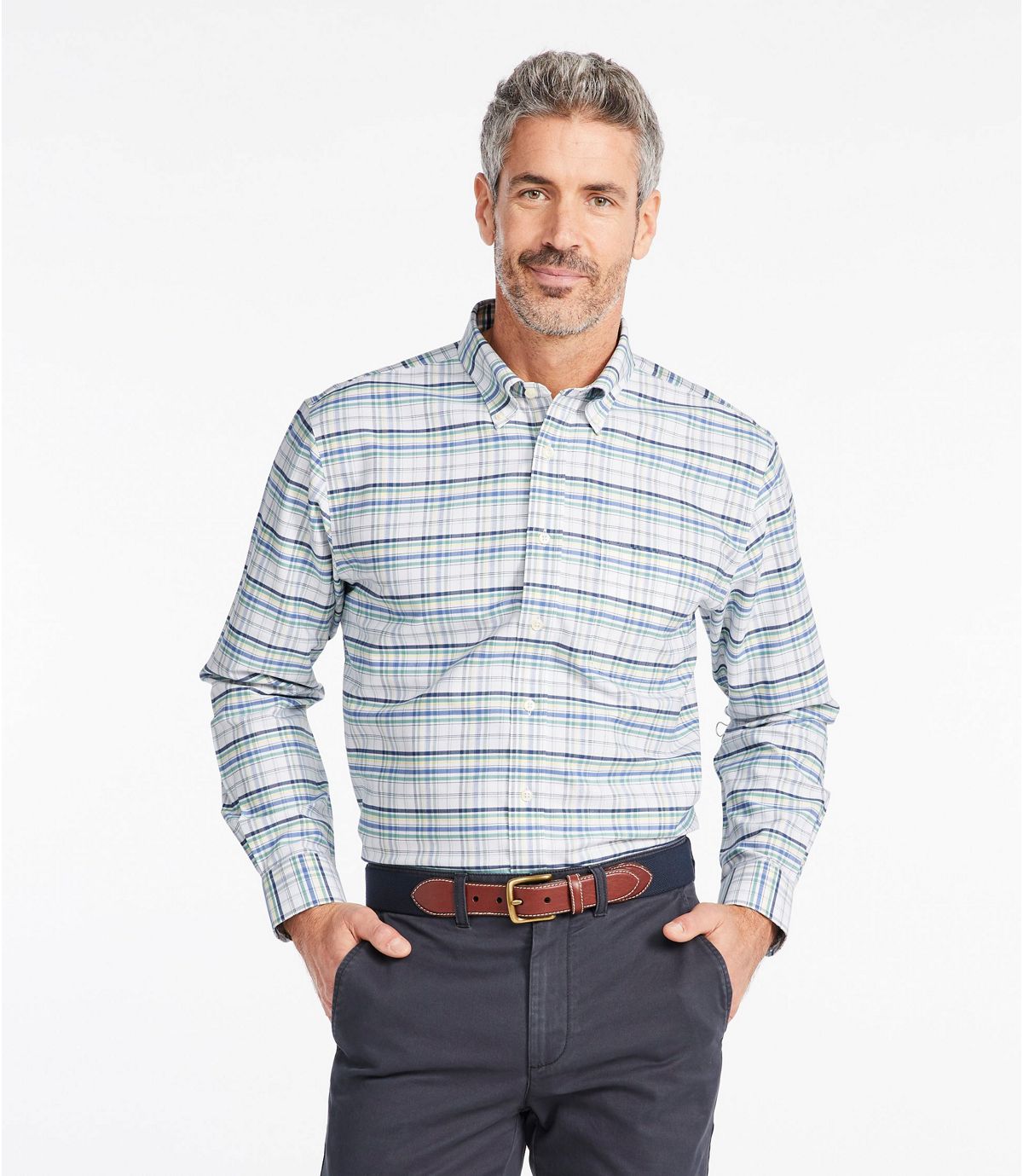 L.L.Bean Men's Wrinkle-Free Classic Oxford Cloth Shirt, Long-Sleeve Plaid, Slightly Fitted