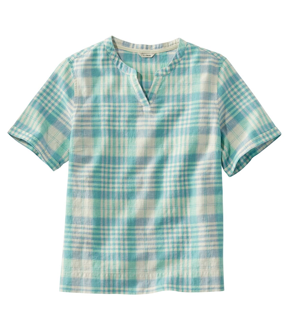 L.L.Bean Women's Textured Linen/Cotton Shirt, Short-Sleeve Plaid
