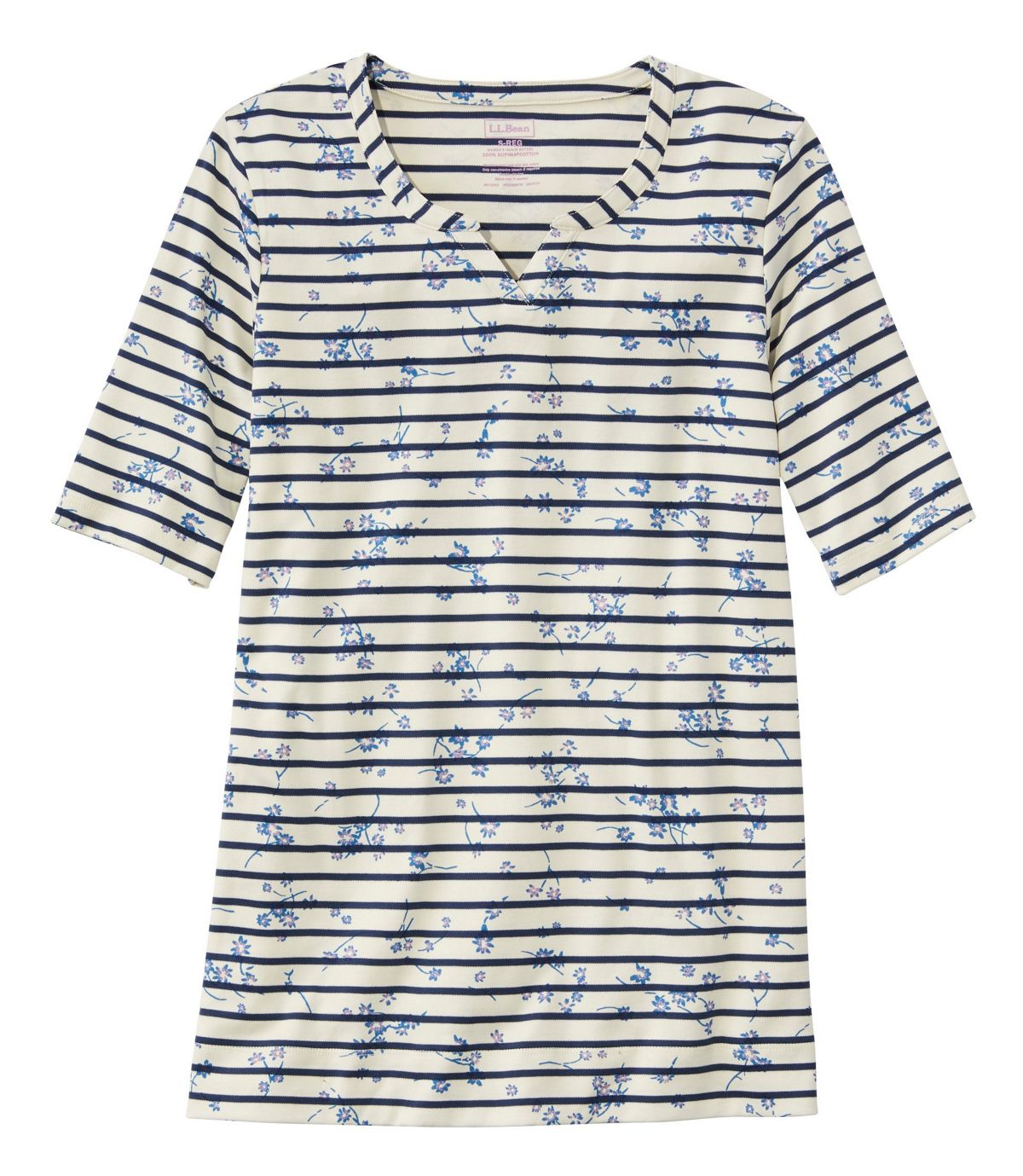L.L.Bean Women's Pima Cotton Tee, Notch-Neck Elbow-Sleeve Tunic Print