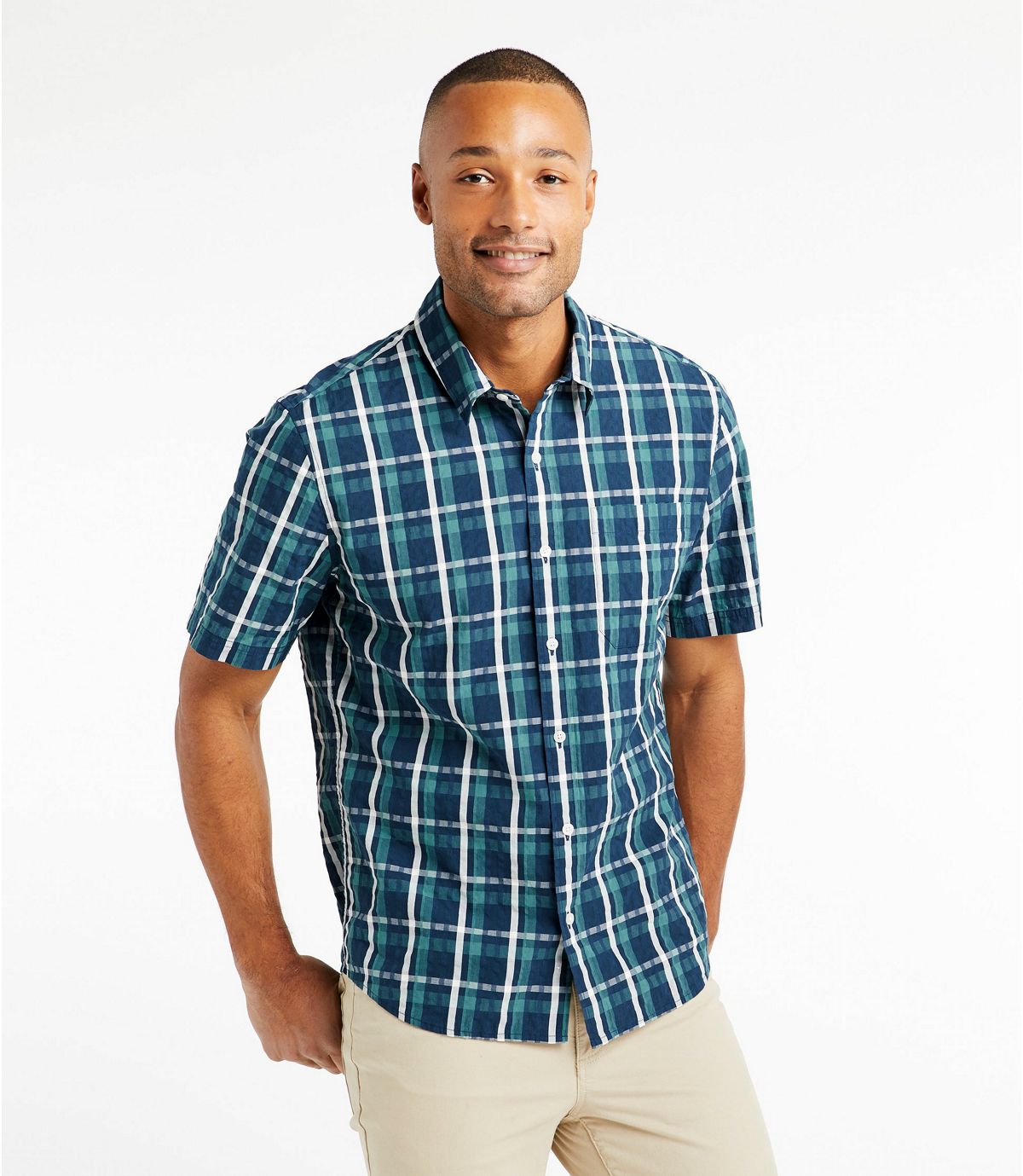 L.L.Bean Men's Organic Cotton Seersucker Shirt, Short-Sleeve, Slightly Fitted, Plaid
