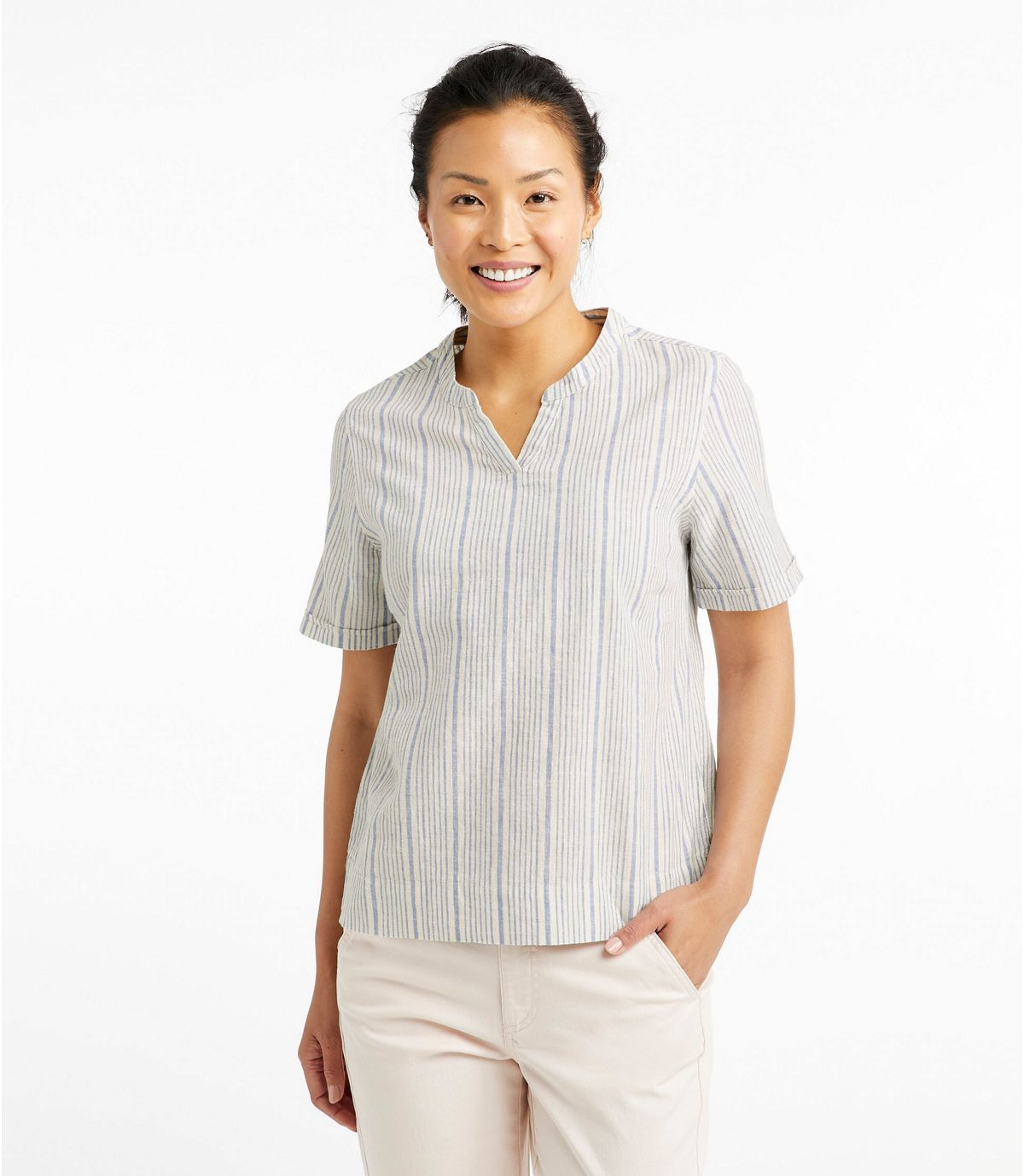 L.L.Bean Women's Textured Linen/Cotton Shirt, Short-Sleeve Stripe