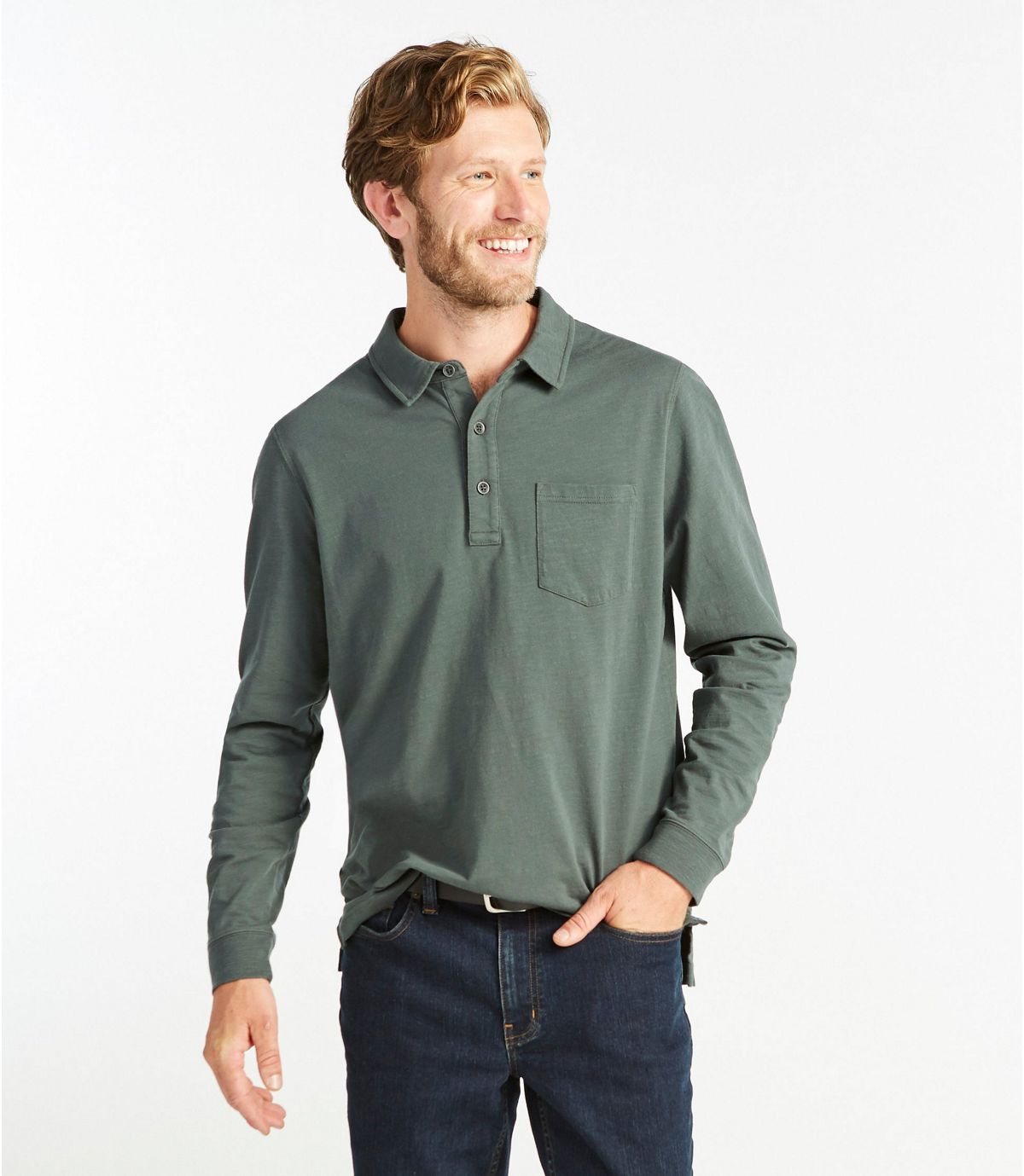 L.L.Bean Men's Lakewashed® Organic Cotton Polo with Pocket, Long-Sleeve