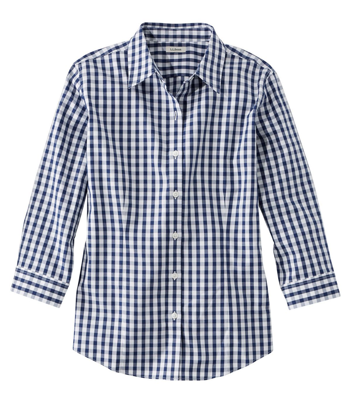 L.L.Bean Women's Wrinkle-Free Pinpoint Oxford Shirt, Three-Quarter-Sleeve Slightly Fitted Plaid