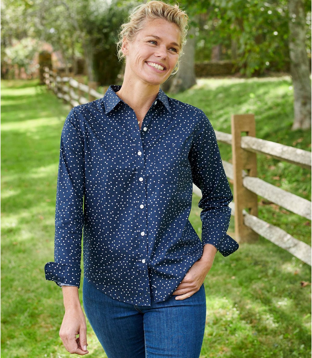 L.L.Bean Women's Wrinkle-Free Pinpoint Oxford Shirt, Relaxed Fit Long-Sleeve Print