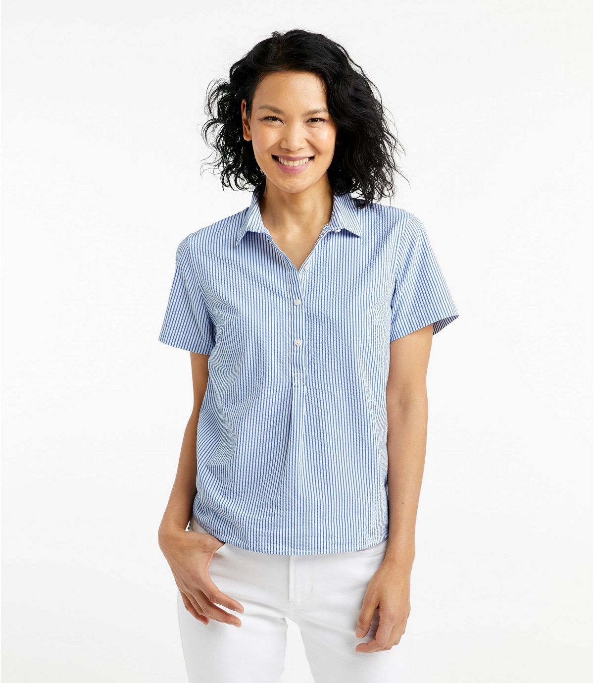 L.L.Bean Women's Vacationland Seersucker Shirt, Short-Sleeve Popover Stripe