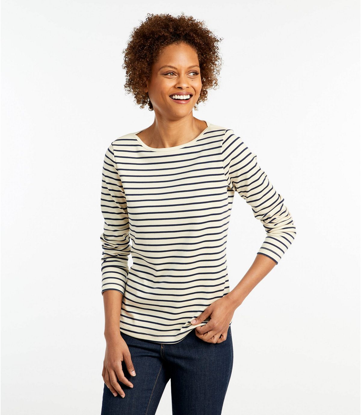 L.L.Bean Women's Pima Cotton Shaped Tee, Long-Sleeve Boatneck Stripe