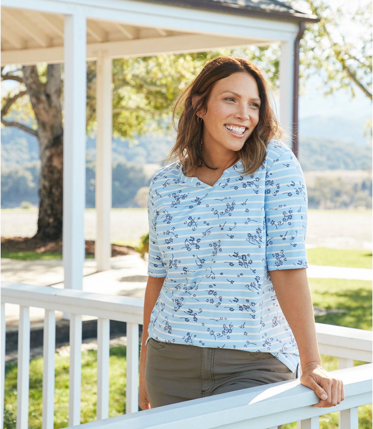 L.L.Bean Women's Pima Cotton Tee, Notch-Neck Elbow-Sleeve Tunic Print