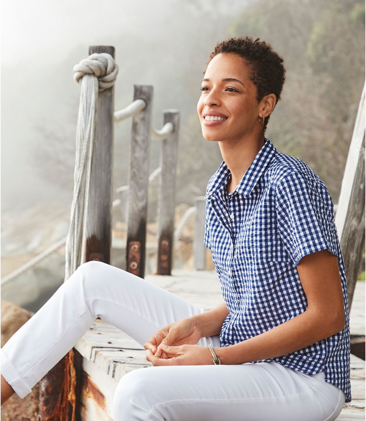 L.L.Bean Women's Vacationland Seersucker Shirt, Short-Sleeve Popover Plaid