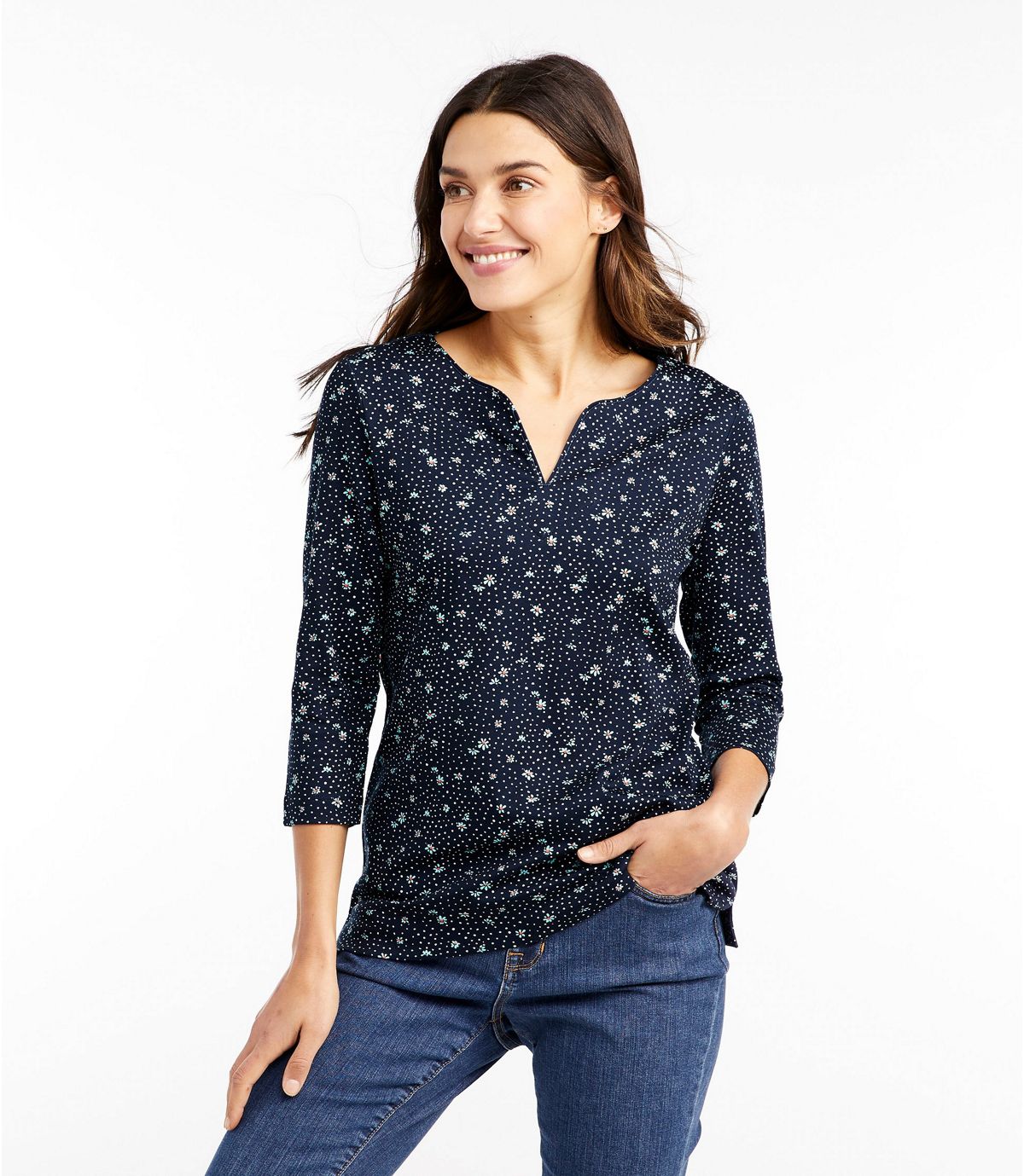 L.L.Bean Women's Pima Cotton Tunic, Three-Quarter-Sleeve Splitneck Print