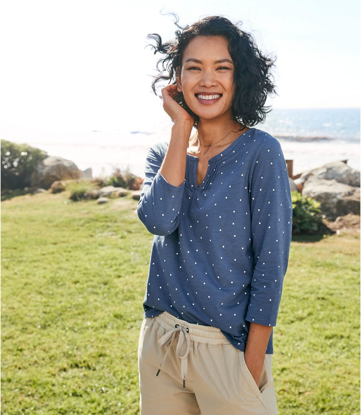 L.L.Bean Women's Organic Cotton Tee, Splitneck Three-Quarter-Sleeve Print