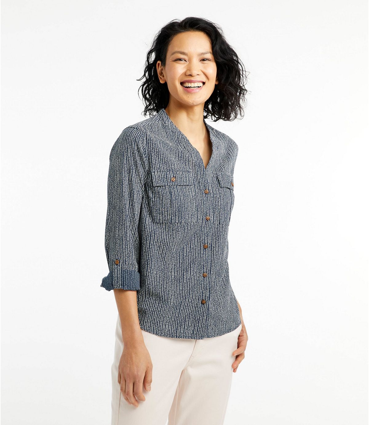 L.L.Bean Women's Soft Cotton Crinkle Shirt, Roll-Tab Print