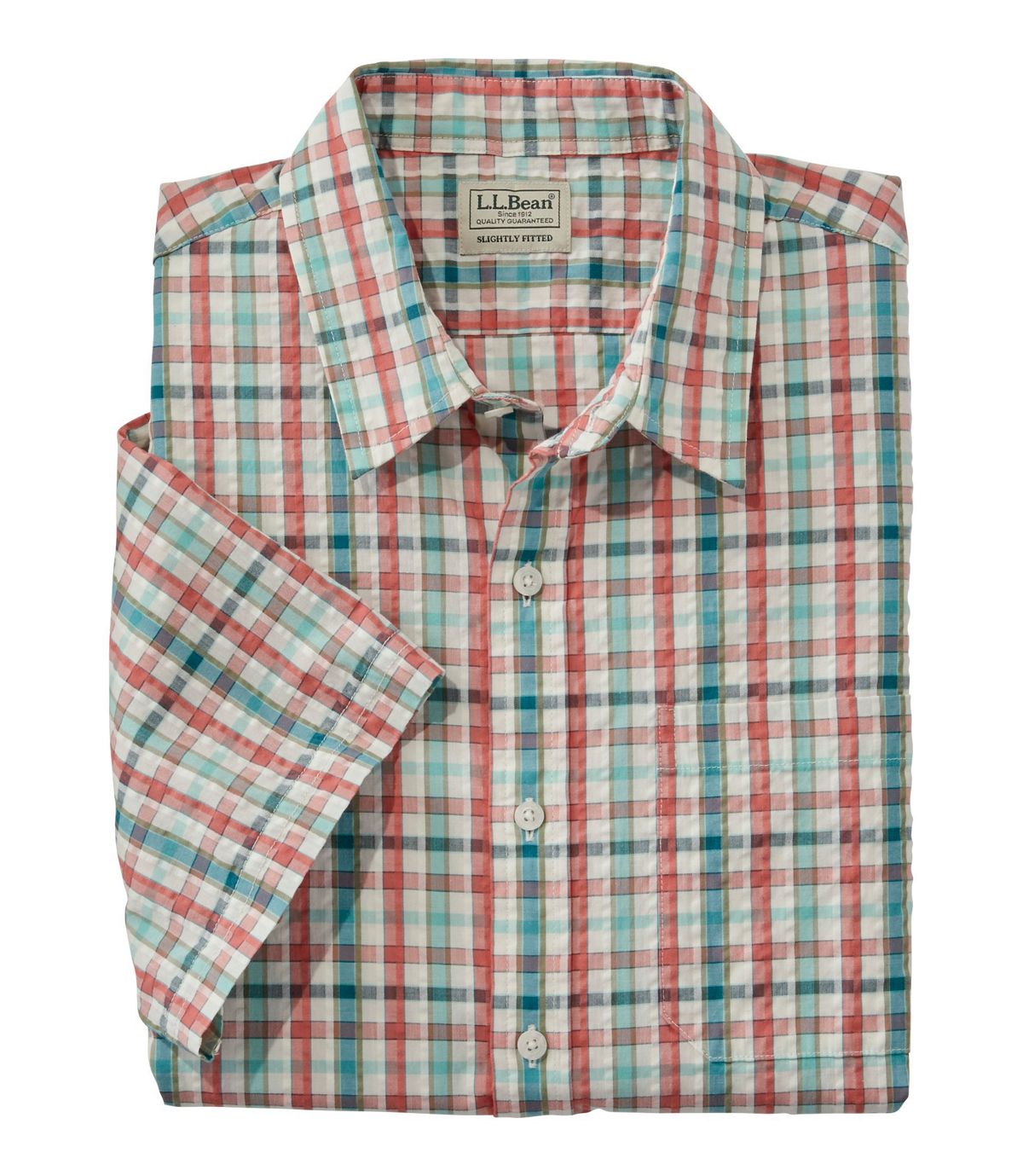 L.L.Bean Men's Organic Cotton Seersucker Shirt, Short-Sleeve, Slightly Fitted, Plaid