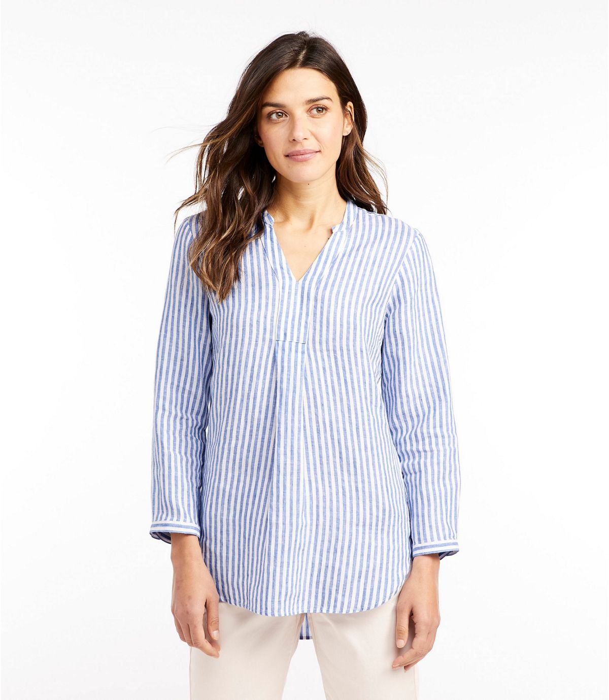 L.L.Bean Women's Premium Washable Linen Shirt, Splitneck Tunic Long-Sleeve Stripe