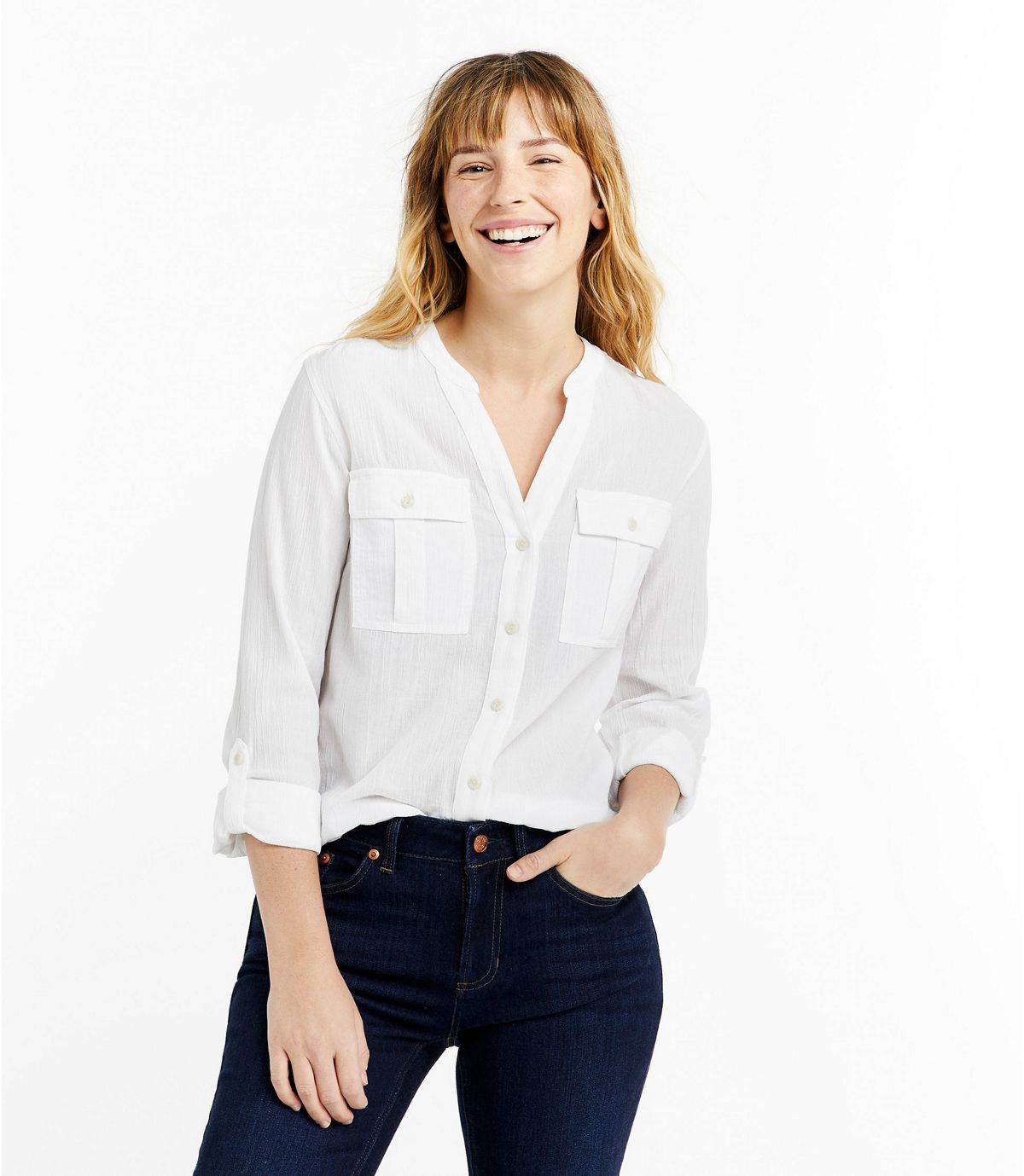 L.L.Bean Women's Soft Cotton Crinkle Shirt, Roll-Tab
