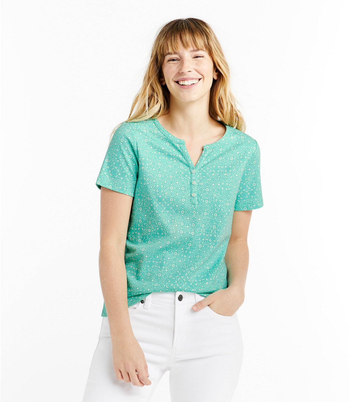 L.L.Bean Women's L.L.Bean Tee, Short-Sleeve Splitneck Henley Print