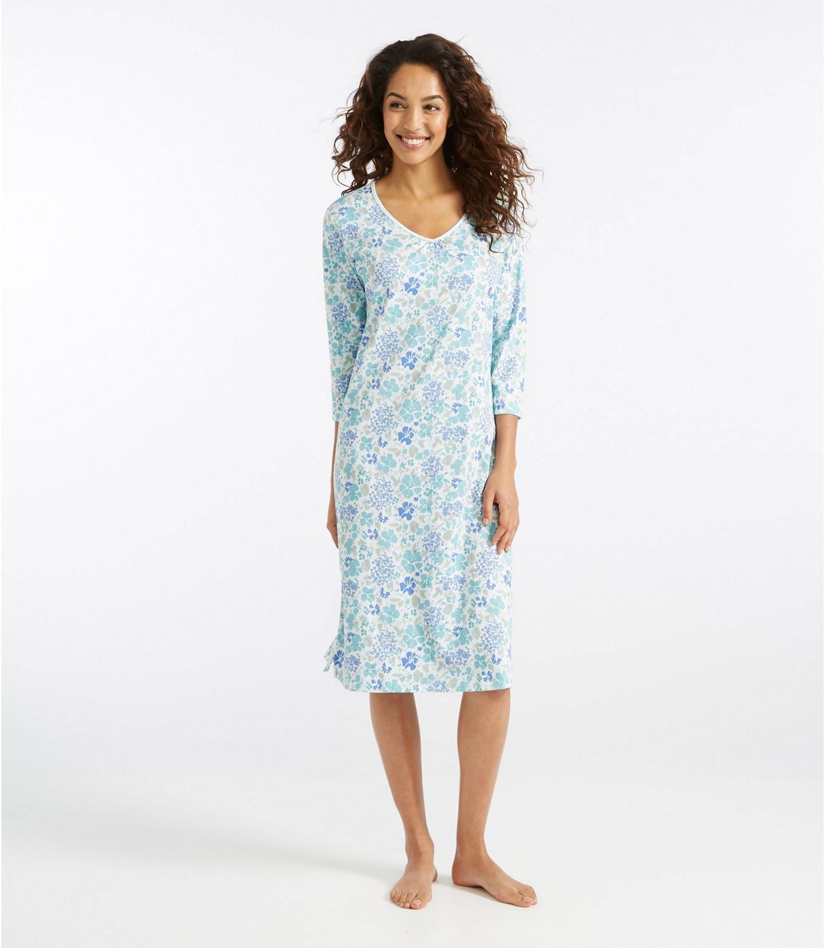 L.L.Bean Supima Nightgown, V-Neck Three-Quarter-Sleeve Print