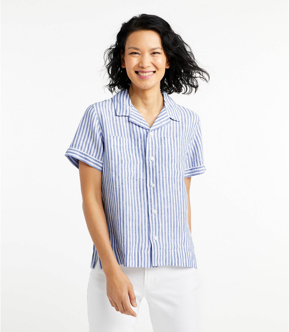 L.L.Bean Women's Premium Washable Linen Camp Shirt, Short-Sleeve Stripe