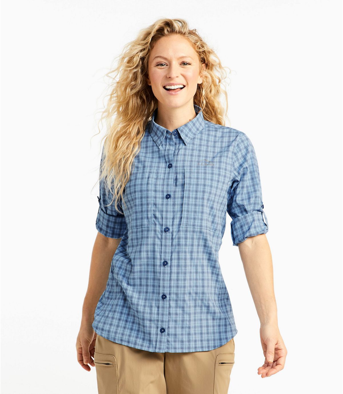 L.L.Bean Women's Tropicwear Pro Stretch Shirt, Long-Sleeve Plaid