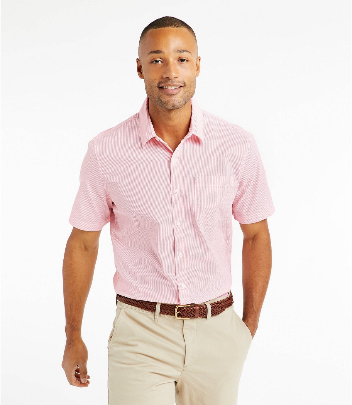 L.L.Bean Men's Organic Seersucker Shirt, Short-Sleeve, Slightly Fitted, Stripe