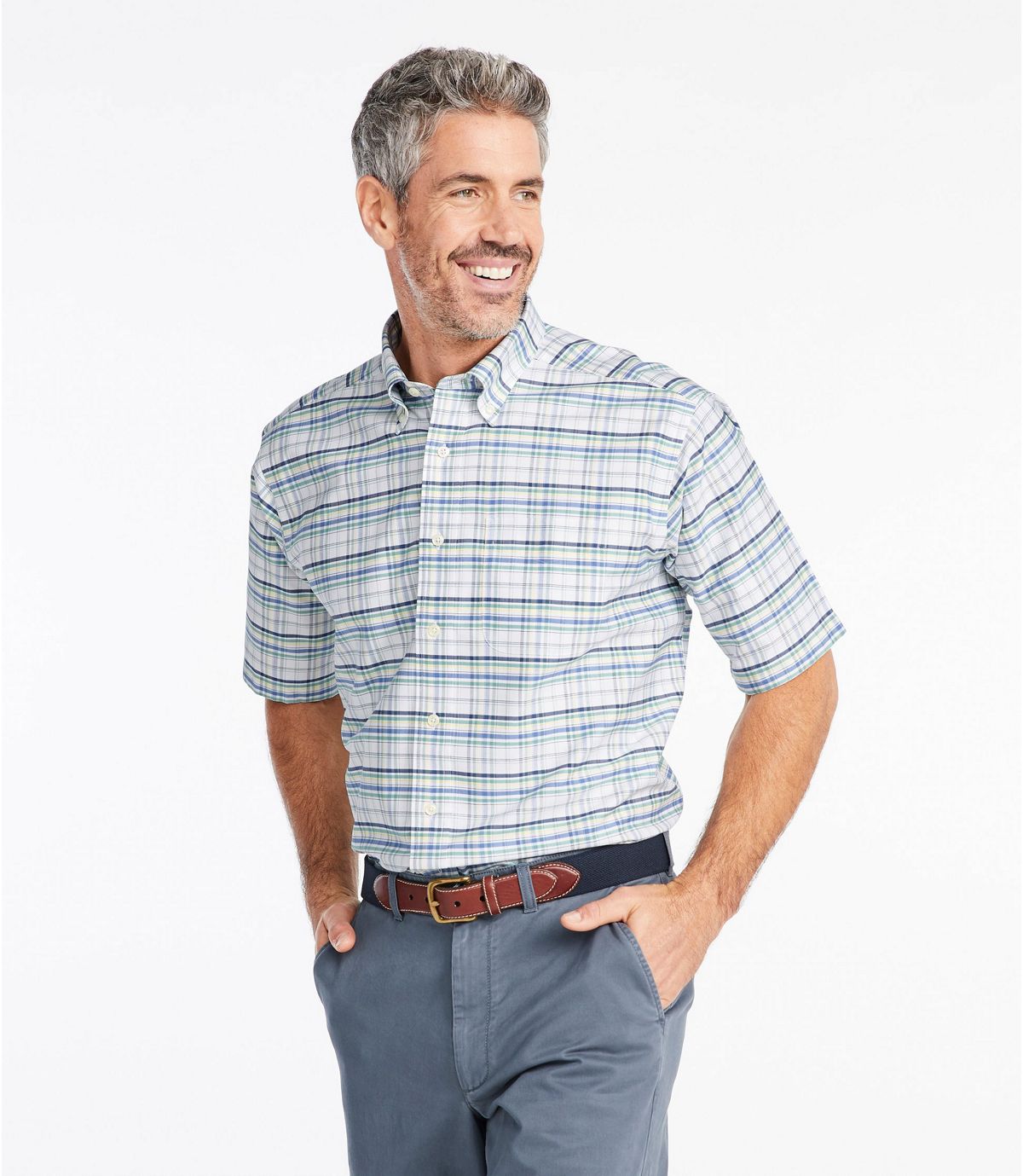 L.L.Bean Men's Wrinkle-Free Classic Oxford Cloth Shirt, Short-Sleeve Plaid