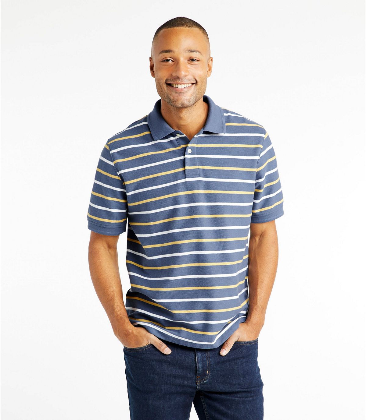 L.L.Bean Men's Premium Double L® Polo, Banded Short-Sleeve Without Pocket Stripe