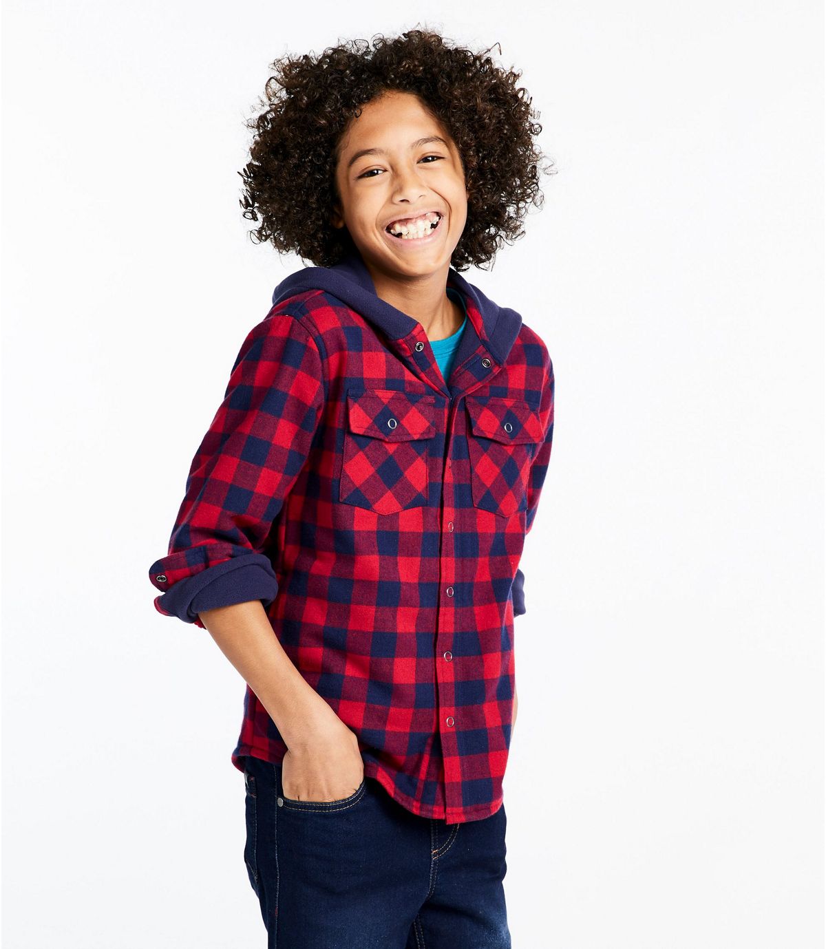 L.L.Bean Kids' Fleece-Lined Flannel Shirt, Hooded Plaid