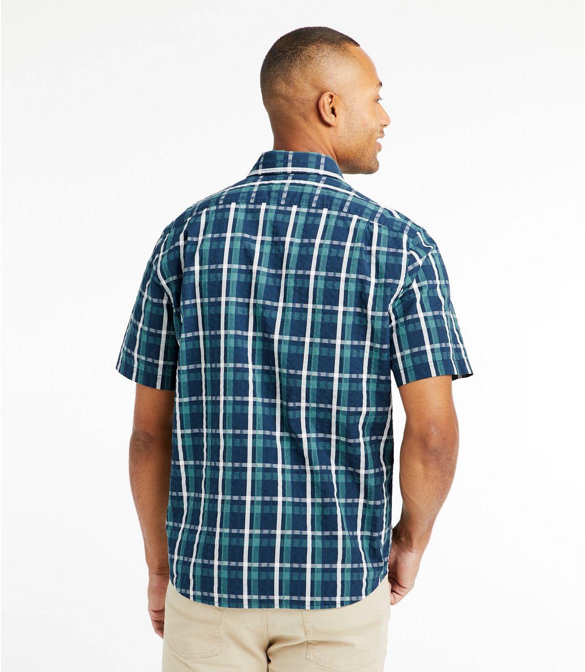 L.L.Bean Men's Organic Cotton Seersucker Shirt, Short-Sleeve, Slightly Fitted, Plaid