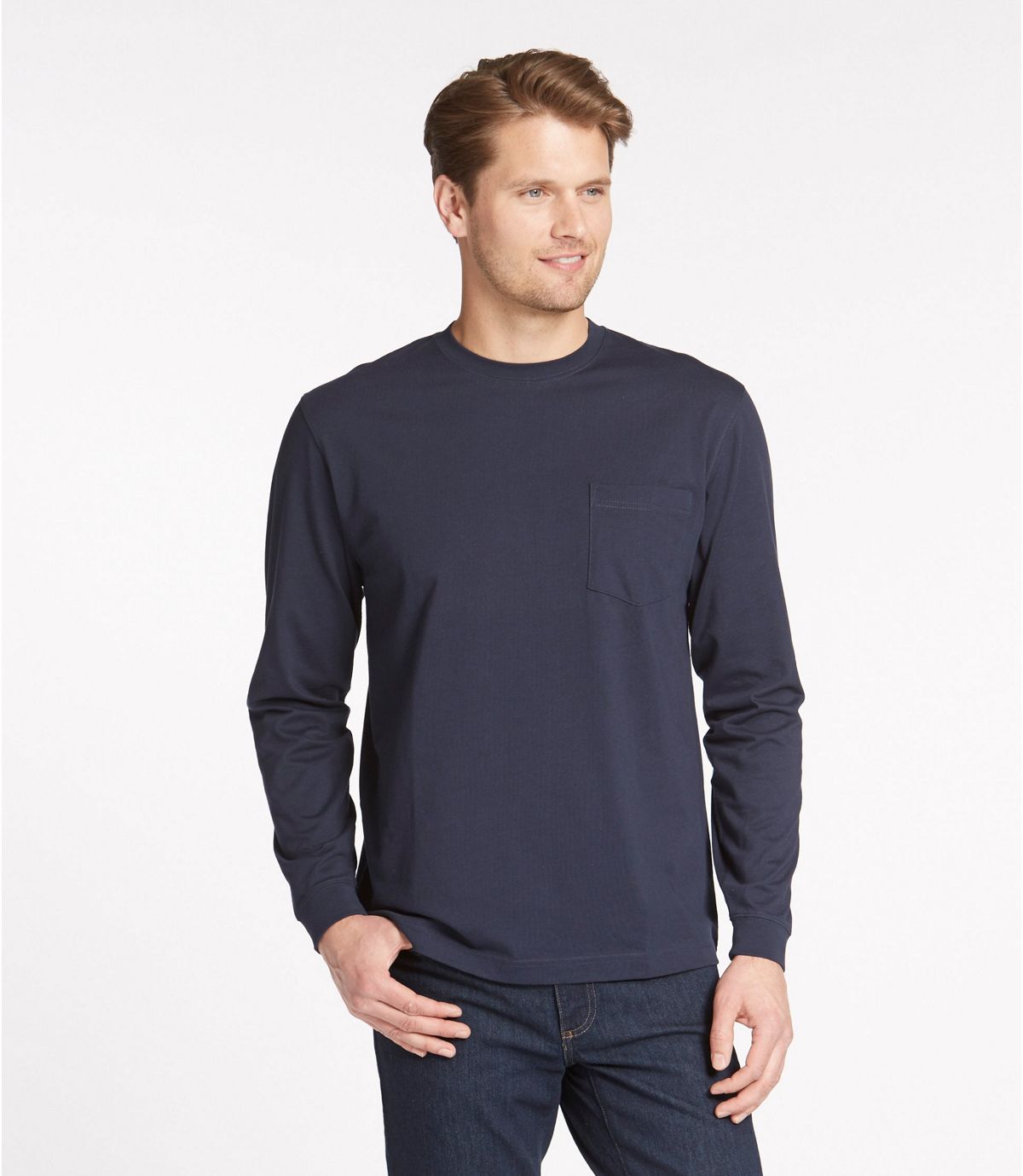 L.L.Bean Men's Carefree Unshrinkable Tee with Pocket, Traditional Fit Long-Sleeve