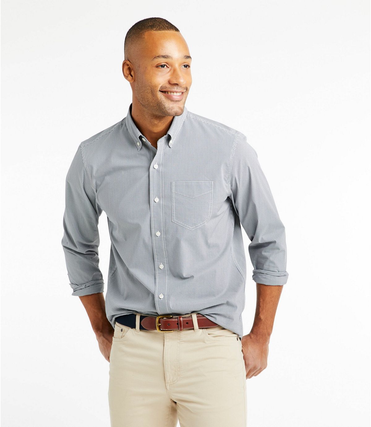 L.L.Bean Men's Comfort Stretch Poplin Shirt, Long-Sleeve, Plaid, Slightly Fitted