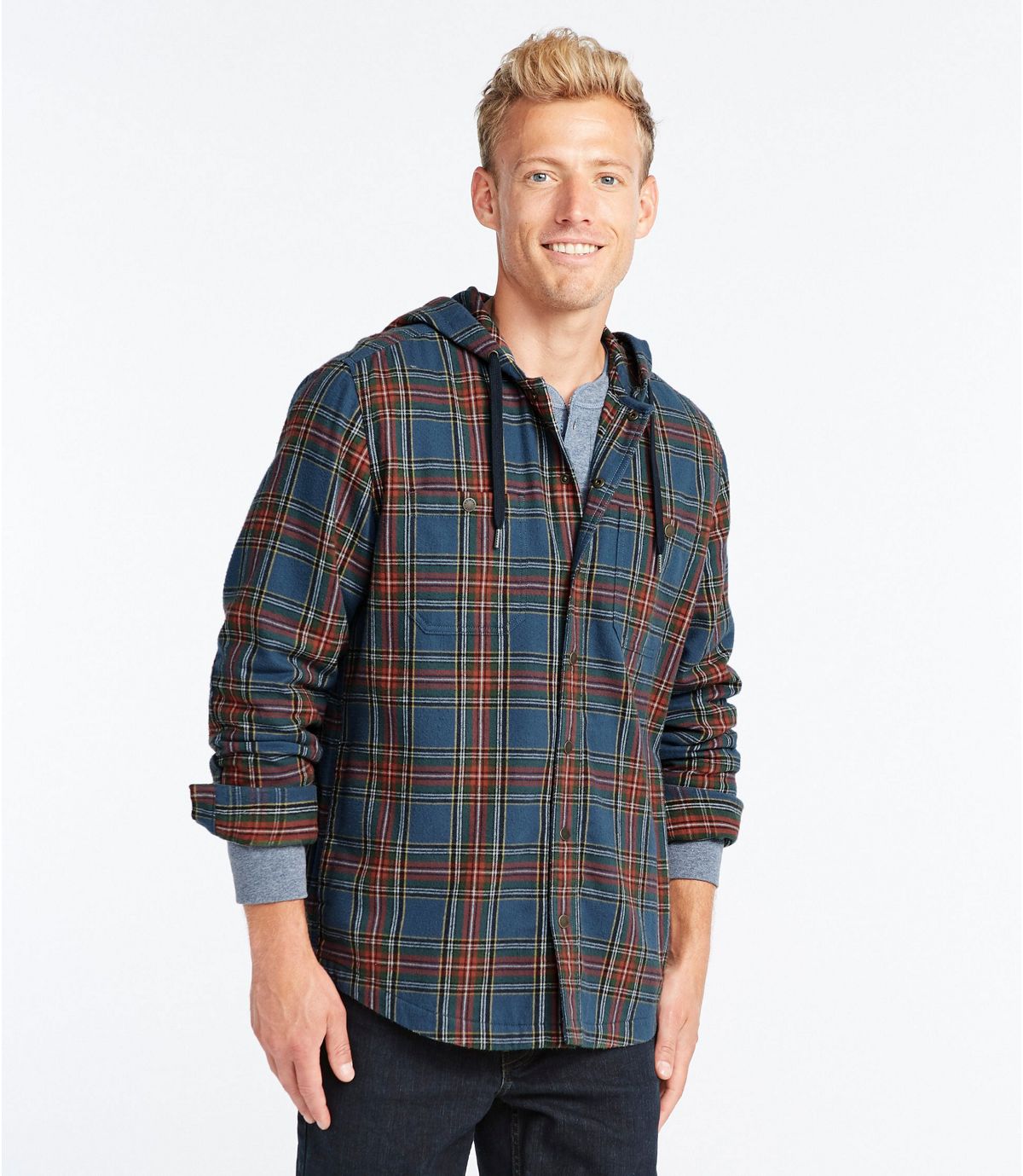 L.L.Bean Scotch Plaid Flannel Hooded Shirt, Slightly Fitted