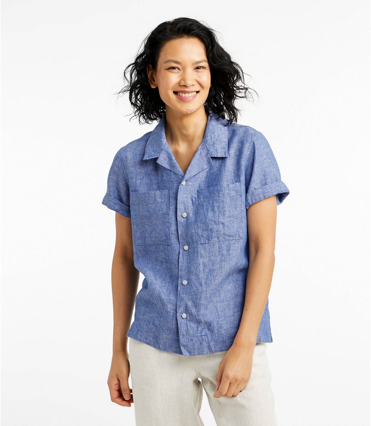 L.L.Bean Women's Premium Washable Linen Camp Shirt, Short-Sleeve