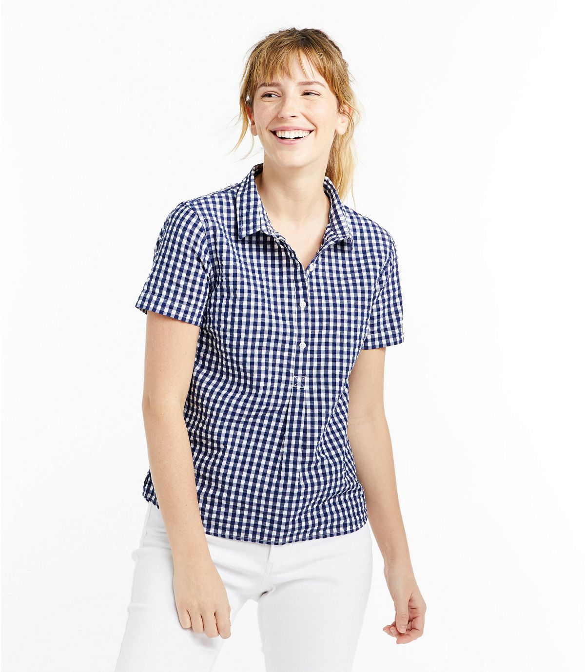 L.L.Bean Women's Vacationland Seersucker Shirt, Short-Sleeve Popover Plaid