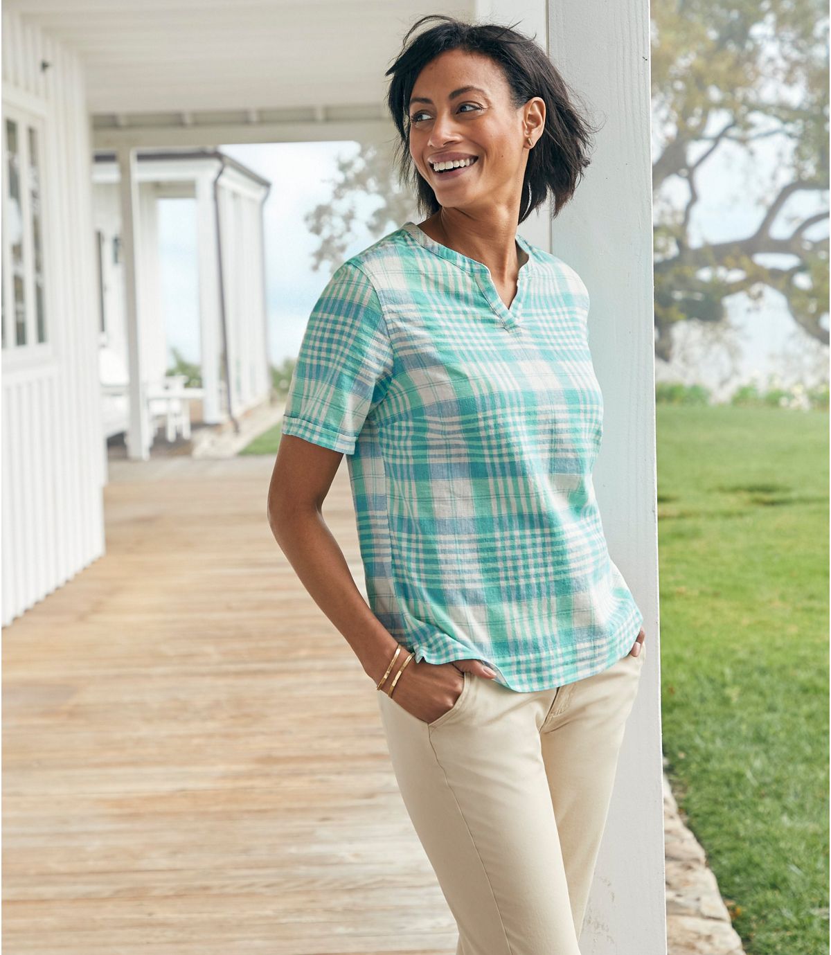 L.L.Bean Women's Textured Linen/Cotton Shirt, Short-Sleeve Plaid