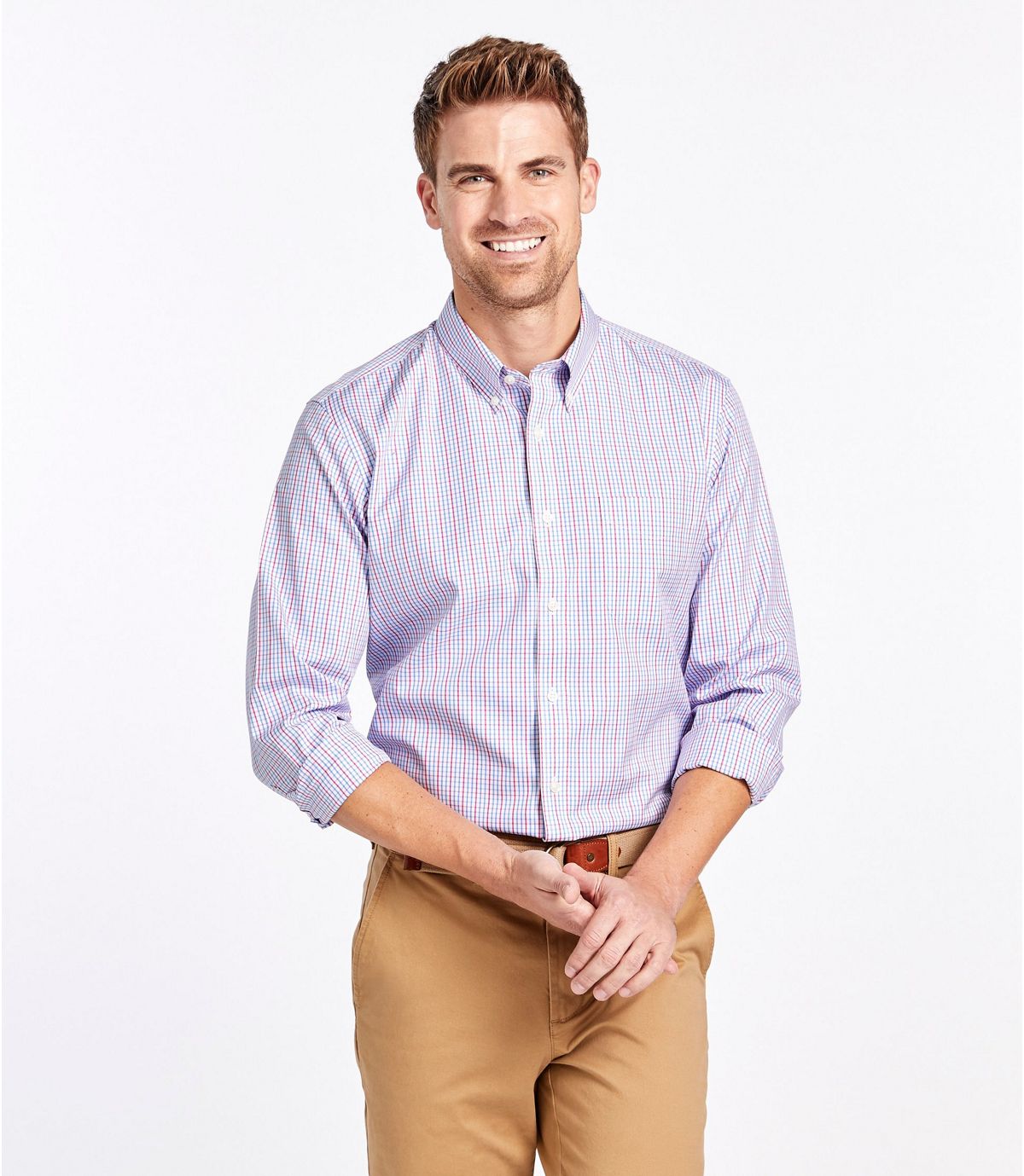 L.L.Bean Men's Wrinkle-Free Pinpoint Oxford Shirt, Long-Sleeve Slim Fit Tattersall