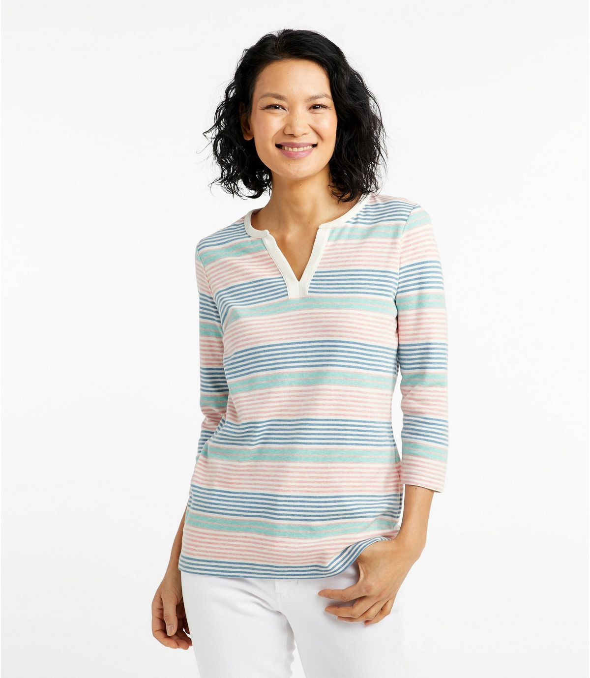 L.L.Bean Women's L.L.Bean Tee, Three-Quarter-Sleeve Splitneck Tunic Stripe