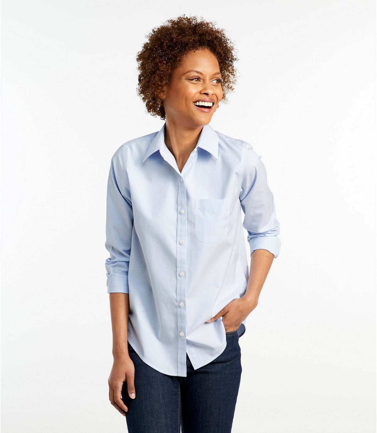 L.L.Bean Women's Wrinkle-Free Pinpoint Oxford Shirt, Long-Sleeve Relaxed Fit Stripe