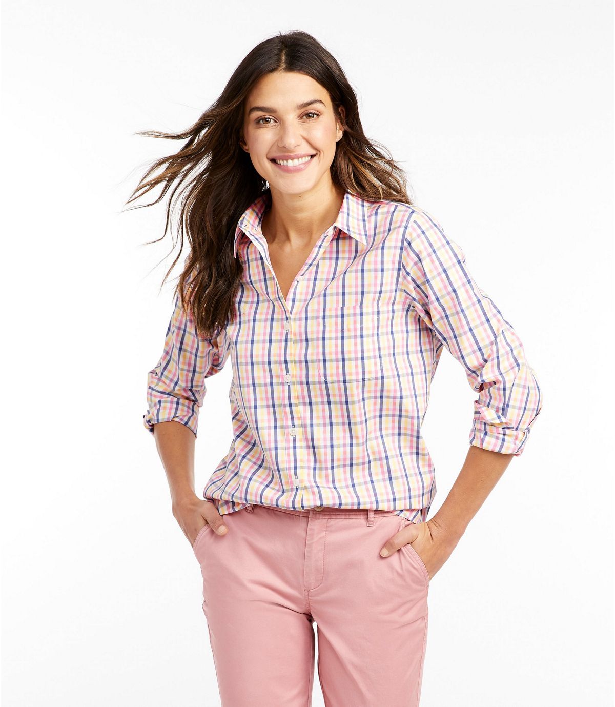 L.L.Bean Women's Wrinkle-Free Pinpoint Oxford Shirt, Long-Sleeve Relaxed Fit Plaid