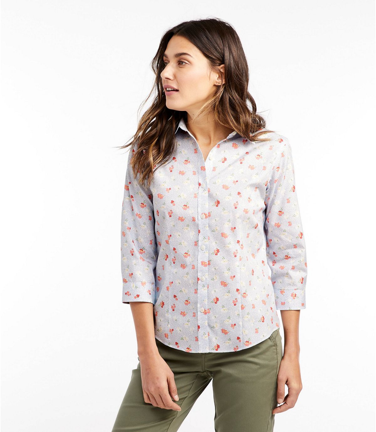 L.L.Bean Wrinkle-Free Pinpoint Oxford Shirt, Three-Quarter-Sleeve Print