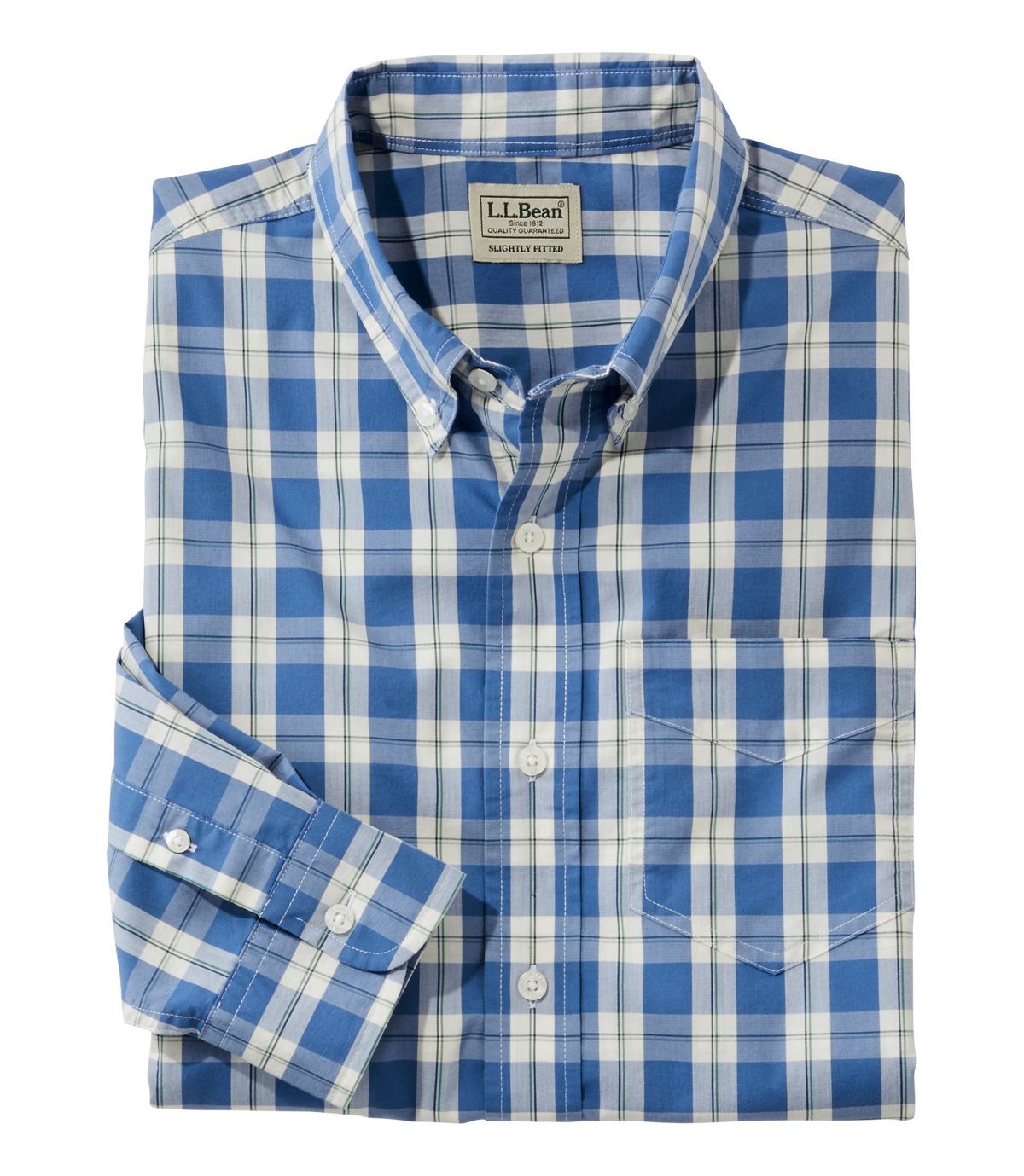 L.L.Bean Men's Comfort Stretch Poplin Shirt, Long-Sleeve, Plaid, Slightly Fitted