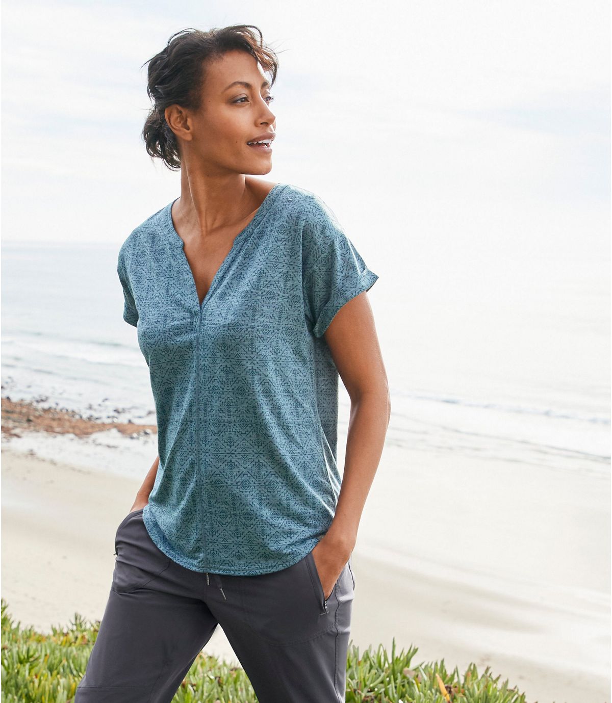 L.L.Bean Women's Streamside Tee, Short-Sleeve Splitneck Print