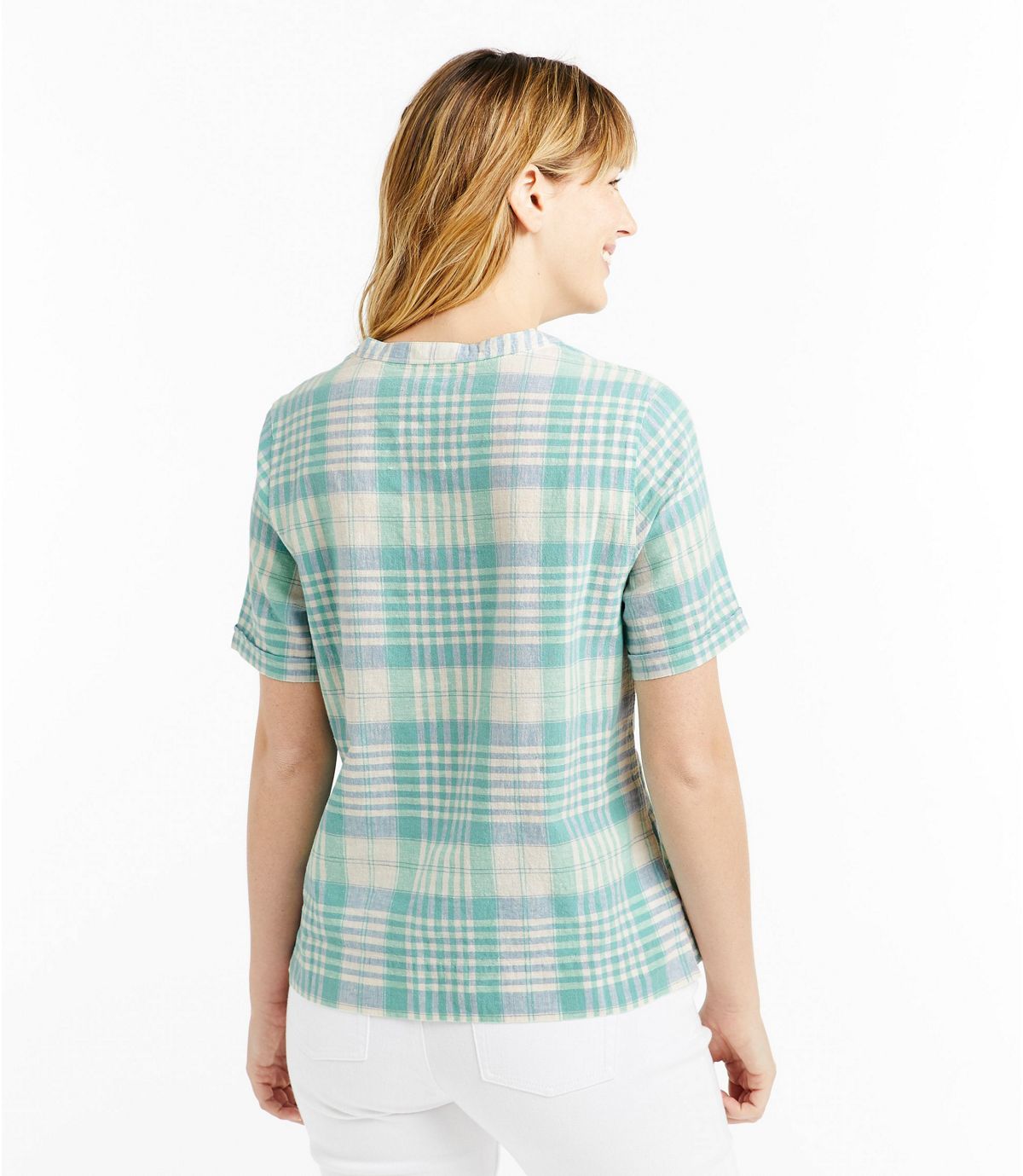 L.L.Bean Women's Textured Linen/Cotton Shirt, Short-Sleeve Plaid
