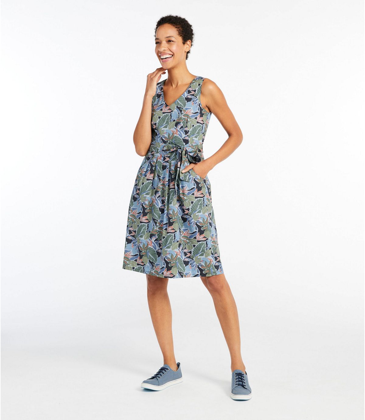L.L.Bean Women's Signature V-Neck Poplin Dress, Print
