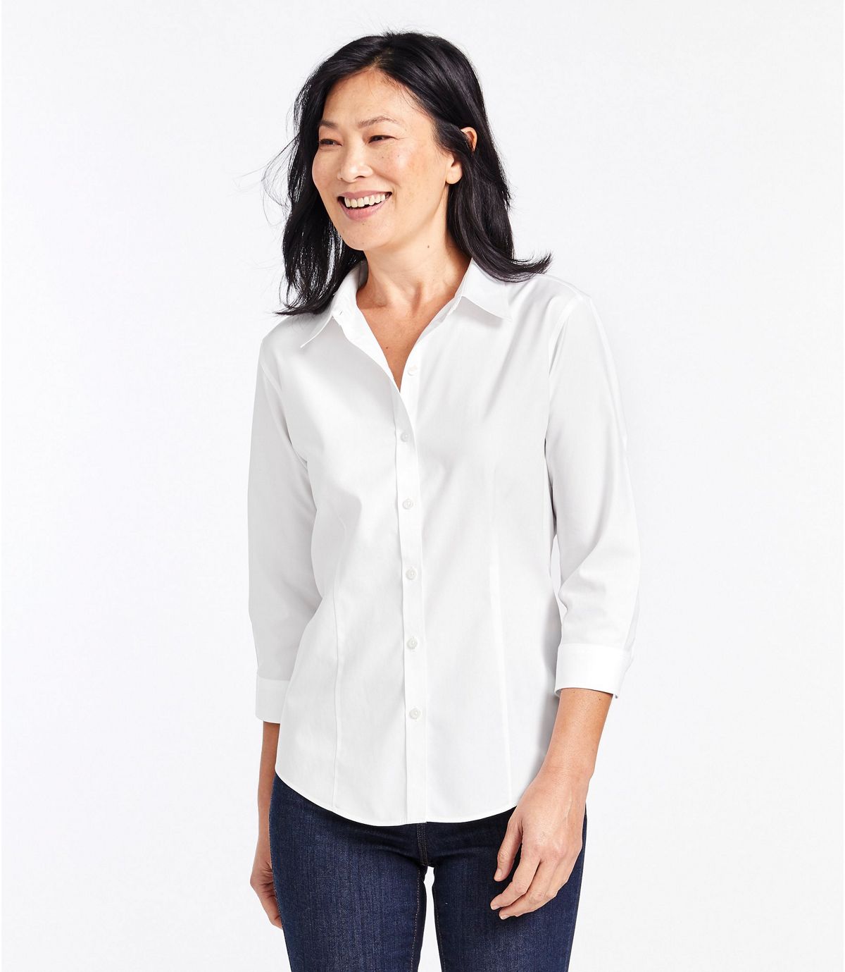 L.L.Bean Women's Wrinkle-Free Pinpoint Oxford Shirt, Three-Quarter-Sleeve Slightly Fitted