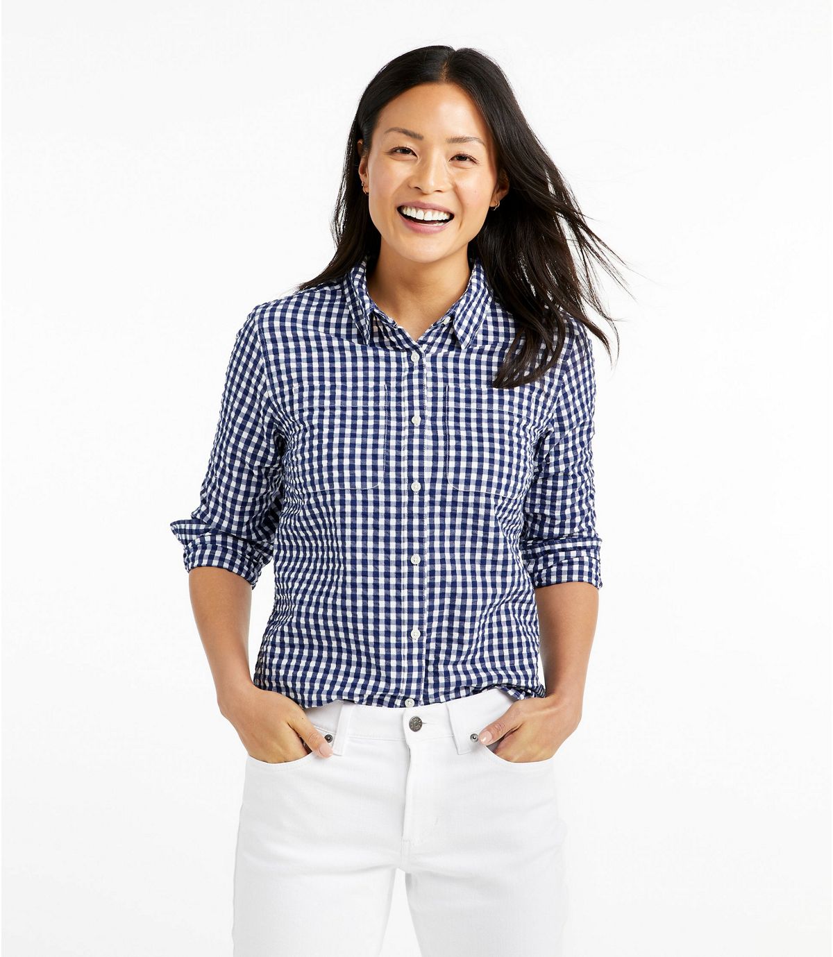 L.L.Bean Women's Vacationland Seersucker Shirt, Long-Sleeve Plaid