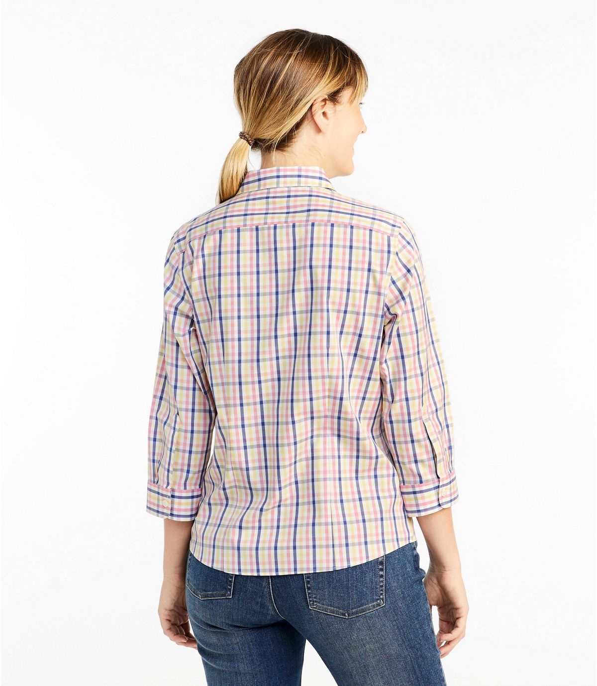 L.L.Bean Women's Wrinkle-Free Pinpoint Oxford Shirt, Three-Quarter-Sleeve Slightly Fitted Plaid