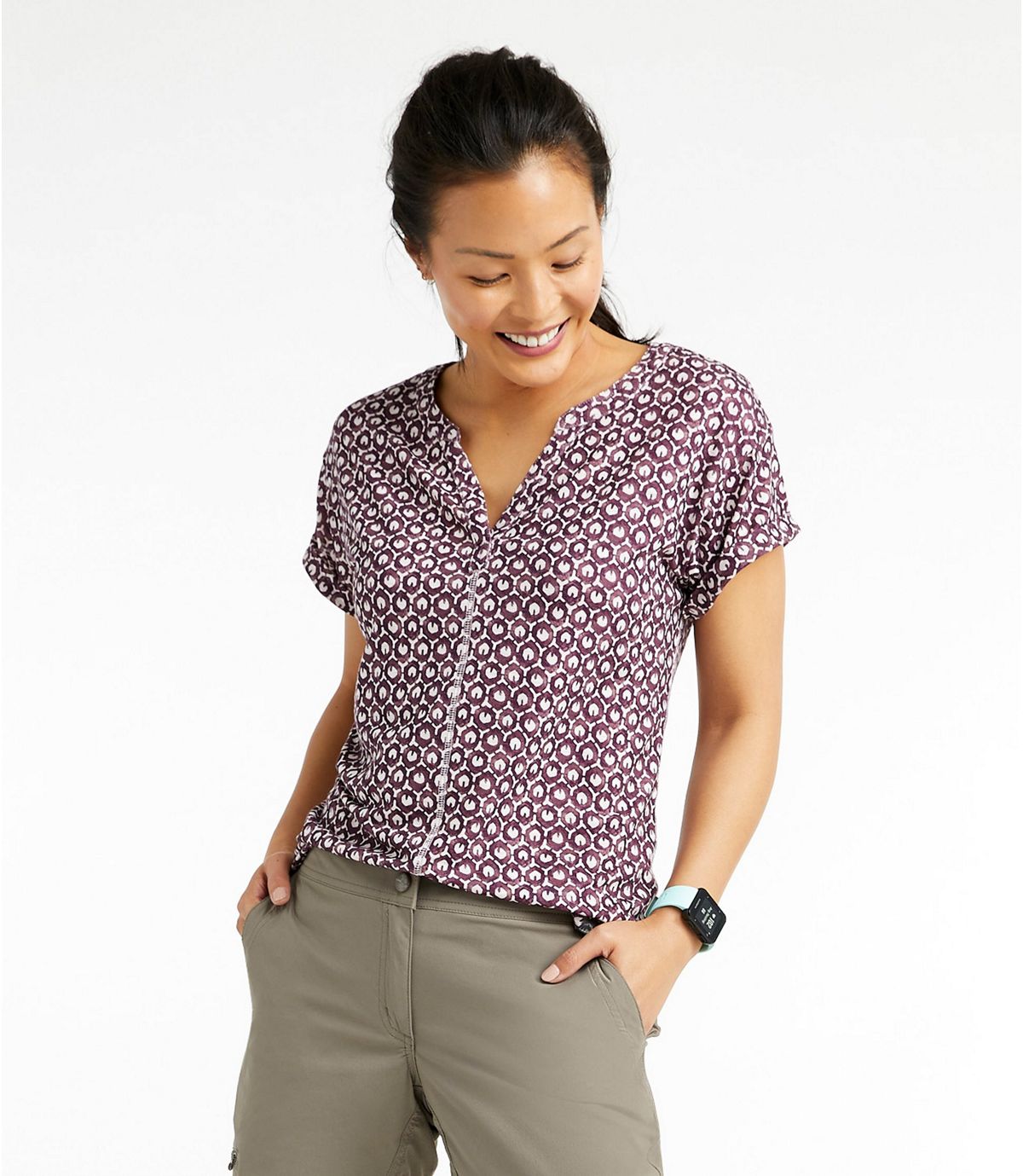 L.L.Bean Women's Streamside Tee, Short-Sleeve Splitneck Print
