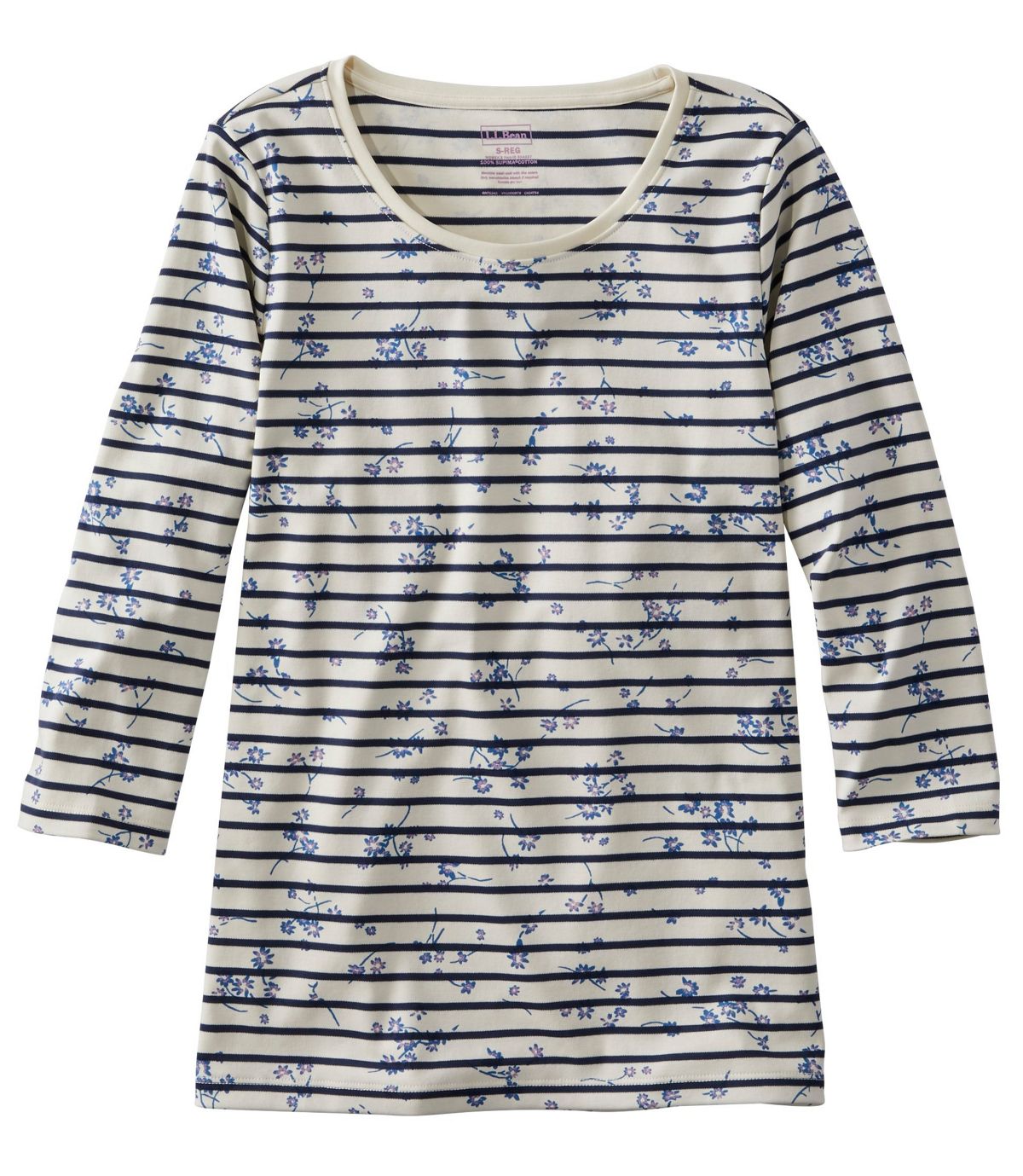 L.L.Bean Women's Pima Cotton Shaped Jewelneck Tee, Three-Quarter-Sleeve Print