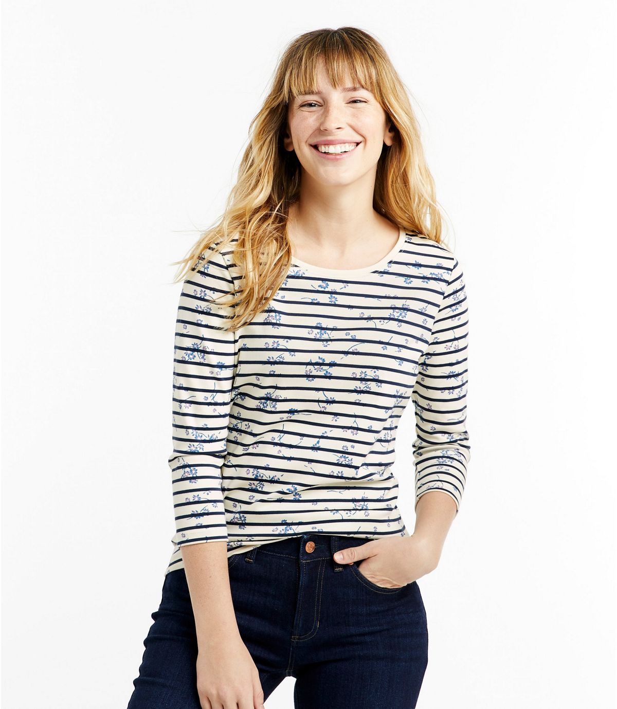 L.L.Bean Women's Pima Cotton Shaped Jewelneck Tee, Three-Quarter-Sleeve Print
