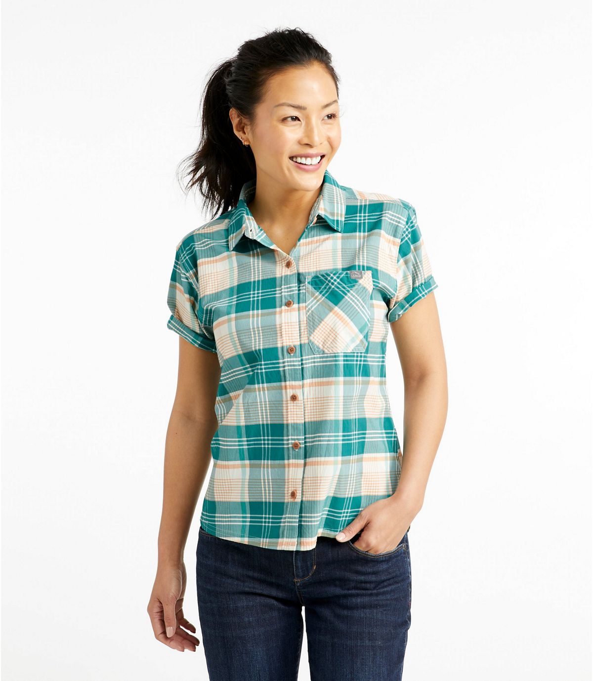 L.L.Bean Women's Beach Cruiser Summer Shirt, Short-Sleeve Plaid