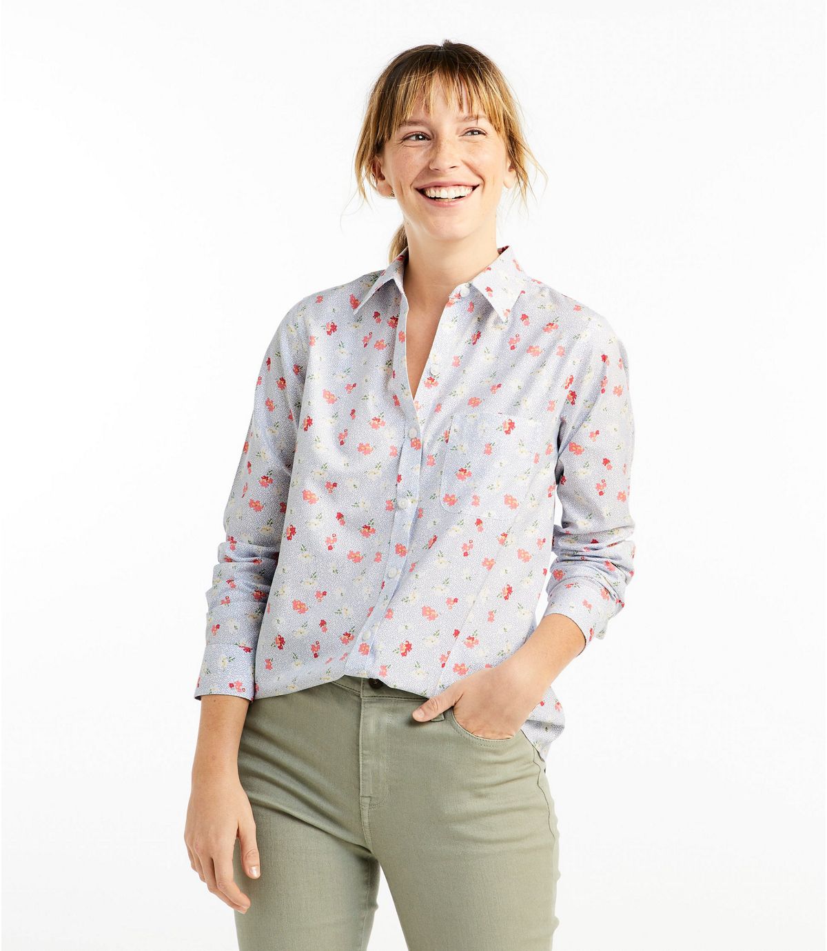 L.L.Bean Women's Wrinkle-Free Pinpoint Oxford Shirt, Relaxed Fit Long-Sleeve Print